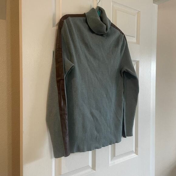 Lauren Ralph Lauren Faux Leather Trim Turtleneck Sweater XL Teal Heather/brown - Picture 2 of 11
